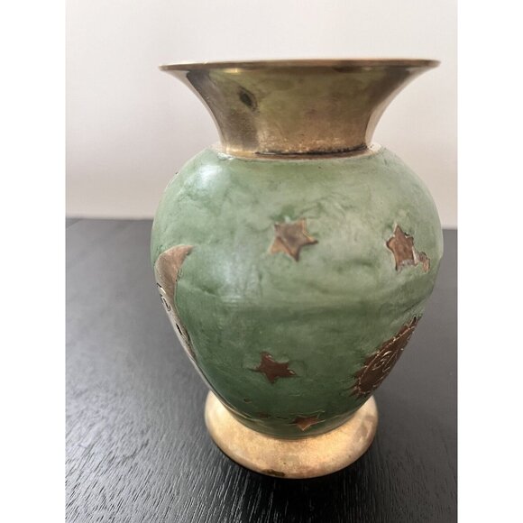 Solid Brass & Green Enamel Vase Celestial Sun Moon Stars Made in India 4-3/4" - Picture 10 of 14
